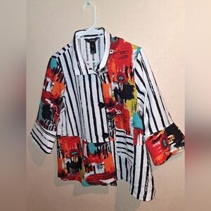 Ali Miles Abstract Button Down Striped Tunic 3/4 Sleeve Oversized Buttons PL